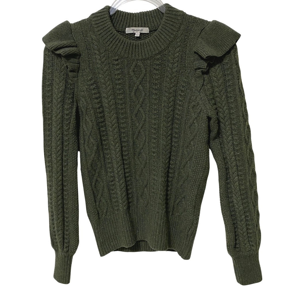 Madewell Ruffle Shoulder Cable Knit Merino Wool Sweater Dark Academia Green XXS